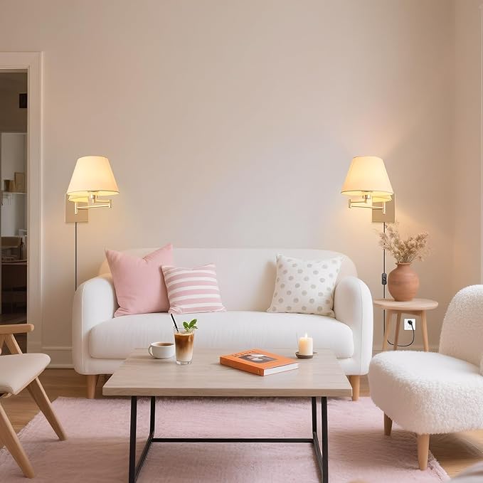 Rose Gold Wall Sconce Plug in, Swing Arm Wall Lamp Set of Two Mid-Century Modern Wall Light Fixtures with Beige Fabric Shade for Living Room Doorway Study Room Bedroom Reading Lamps with Switch