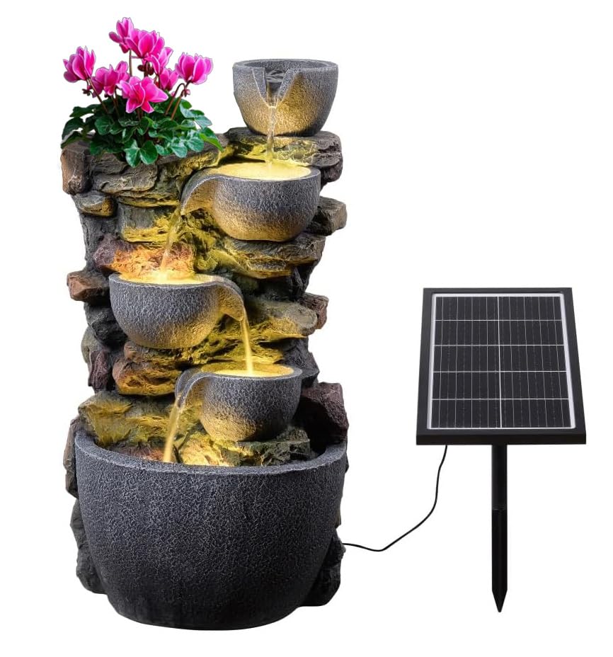 24'' Outdoor Solar Powered Water Fountain with Planter Pot and LED Lights
