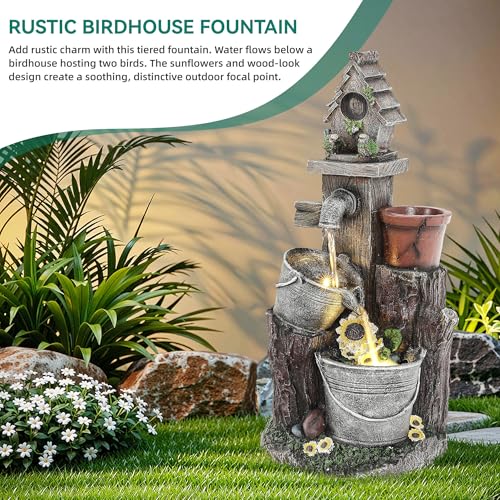 20" 3 Tier Resin Birdhouse Water Fountain with Warm LED Lights