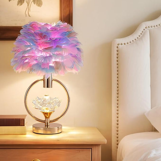 Colorful Feather Lamp 17IN Unique Fluffy Table Lamp Crystal Feather Bedside Nightstand Lamp Nordic Desk Light for Girl Bedroom Wedding Christmas Gift Deco Living Room Entry Office - Aura Lighting