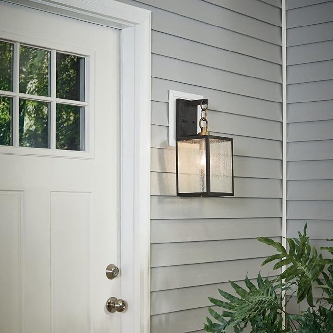 KICHLER Lahden 12.25" Outdoor Lantern Lodge 1 Light Wall Light Fixture with Clear Seeded Glass Panels in Textured Black for Porch, Patio or Garage Entrance (5.75" x 5" x 12.25") 59005BKT