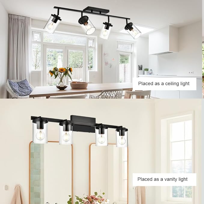 BONLICHT Ceiling Spotlights Track Lighting Kit 4 Light Bathroom Vanity Lighting Black Modern Multi-Directional Ceiling Mount Fixture Industrial Farmhouse Sconces Wall Mount Lamp with Clear Glass Shade - Aura Lighting