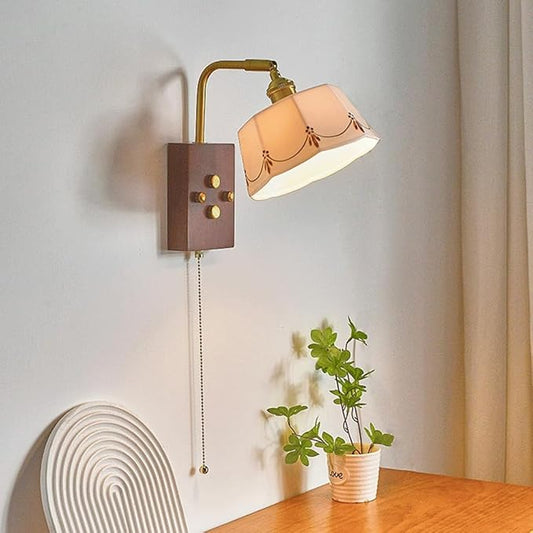Glazed Ceramics Wall Sconce Nordic Brass Adjustable Bedside Wall Mount Lamp with Pull Chain Switch, Japanese Style Wabi Sabi Walnut Wood Home Decor Lighting Fixture for Bedroom Bedside