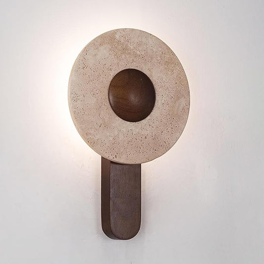 Yellow Travertine Wall Sconce, Japanese Style Wabi Sabi Wall Light Fixture with Stone Lampshade & Wooden Base, Natural Vintage Marble Wall Lamp for Bedroom Bedside Living Room Kitchen