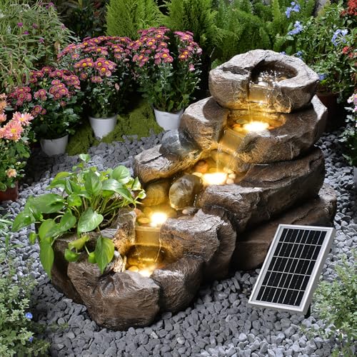 38.2" L Solar Water Fountain Outdoor Rock Waterfall Fountains