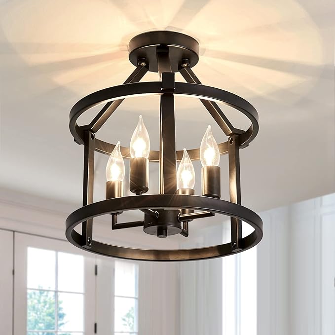 UOFUS Metal Semi Flush Mount Ceiling Light Fixture 4 Candle Holder Matte Chandelier Farmhouse Ceiling Lamp for Dining Room Bedroom Kitchen Hallway Entryway（Black） - Aura Lighting
