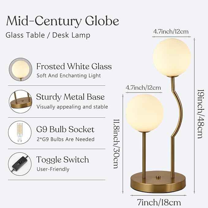 Mid Century Gold Globe Table Lamp 2-Light Orb Modern Beside Desk Table Light with Milk White Glass Shade Metal Base Nightstand Lamp for Bedroom Bedside