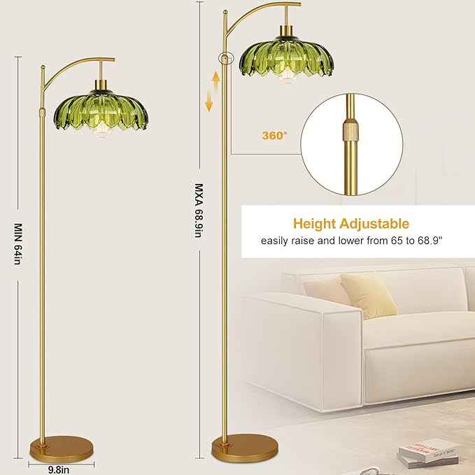 Gold Floor Lamps for Living Room Vintage Green Floor Lamp with Remote Control & Glass Lampshape,Dimmable Mid Century Modern Standing Lamp Tall Flower Lamp Brass Floor lamp for Bedroom Corner