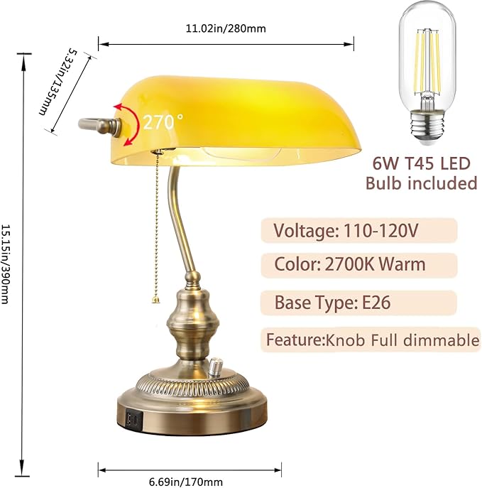 Rustic Banker's Desk Lamp Stepless Dimmable, Traditional Bankers Desk Lamp with USB Port and Outlet, Vintage Farmhouse Table Lamp for Home Office Library
