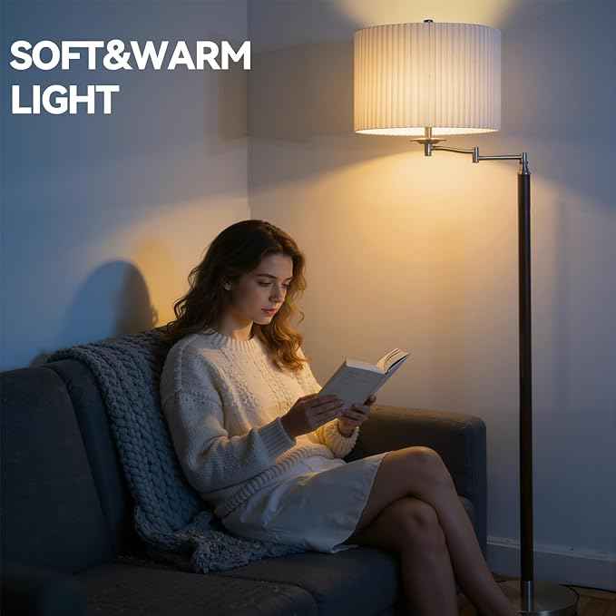 Traditional 350° Adjustable Swing Arm Farmhouse Floor Lamp for Bedroom, Modern Floor Lamps with Pleated Shade for Living Room, Rustic Standing Lamp Pole Lamps for Reading and Office