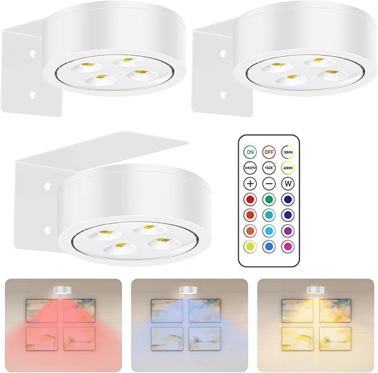 Wireless Battery Operated Painting with Remote Control,13 Color RGB Magnetic Led Art Display Light for Picture Frame, Dimmable and Timer, Wall Decor Display Light 3Pack White