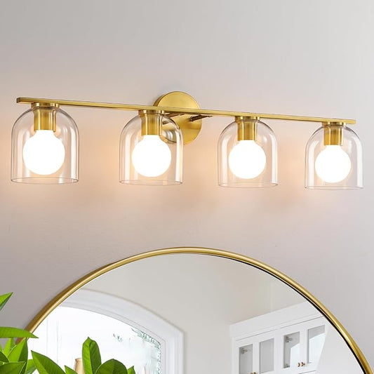 WOSHITU Bathroom Vanity Light Fixtures: 32.3 Inch Modern Brushed Gold Bathroom Light Fixtures Over Mirror with Clear Glass Shade, 4-Light Bathroom Lights Above Mirror