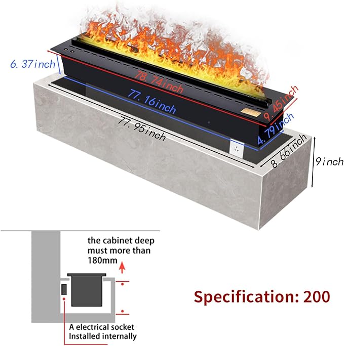 Water Vapor Fireplace 3D Atomizing Fireplace Recessed Electric Fireplace Remote Control with Timer Touch Simulation Flame Touch Flame (78.74 inch, 3D Simulated Charcoal)