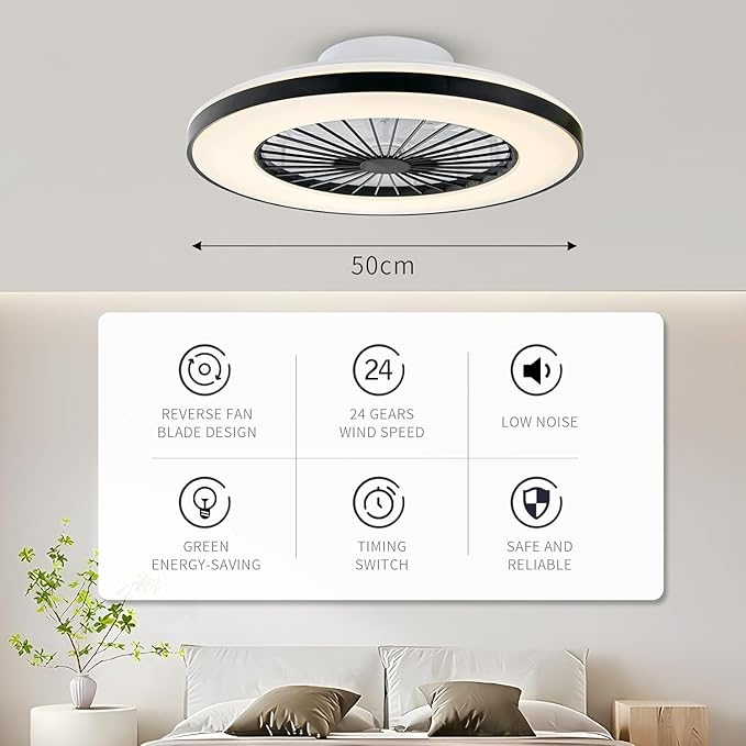 Modern LED Ceiling Light with Fan, RGB Ceiling Fan Lights, 24 Ventilation speeds, infinitely dimmable Light for Living Room, Bedroom, Office, 3000-5500 K (Black & 20" & RGB)