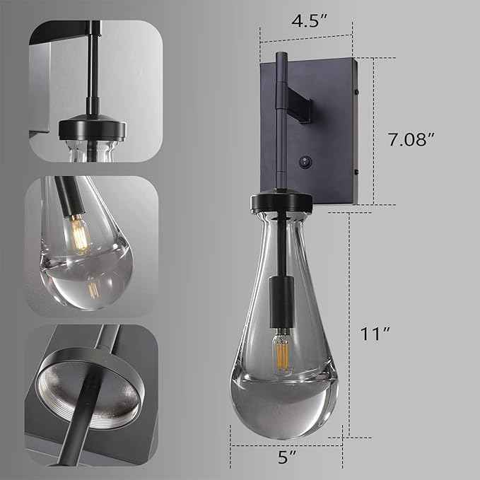HuisMier Black Wall Sconces, Raindrop Sconces Wall Lighting with On/Off Switch Button, Modern Clear Glass Vanity Light Fixtures Raindrop Wall Sconce for Bathroom Bedroom Living Room Hallway