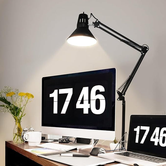 Hypool Desk Lamp w/A19 E26 LED Bulb for Home Office Eye-Caring Metal Extra Tall Swing Arm High Intensity Clamp Flexible Gooseneck Side Table Working Reading Computer Workbench 5000K White Light