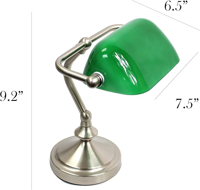 Simple Designs LT3057-GRN Brushed Nickel Mini Traditional Banker's Lamp with Glass Shade, Green