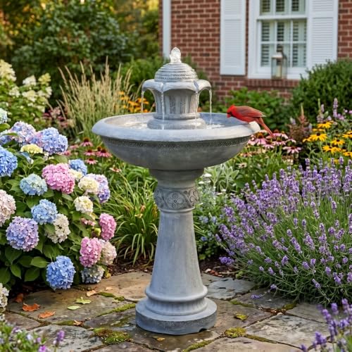 39.1H 2 Tier Outdoor Water Fountain with LED Lights Large Italian Resin Garden Fountain for Patio Yard Cascading Waterfall Feature with Quiet Pump Gray