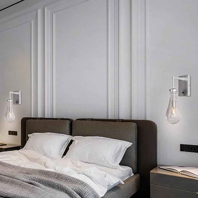 HuisMier Nickel Wall Sconces, Modern Raindrop Wall Sconce with On Off Switch, Clear Glass Wall Mounted Lamp Indoor Vanity Light Fixtures for Bathroom Bedroom Hallway Living Room, Hardwired