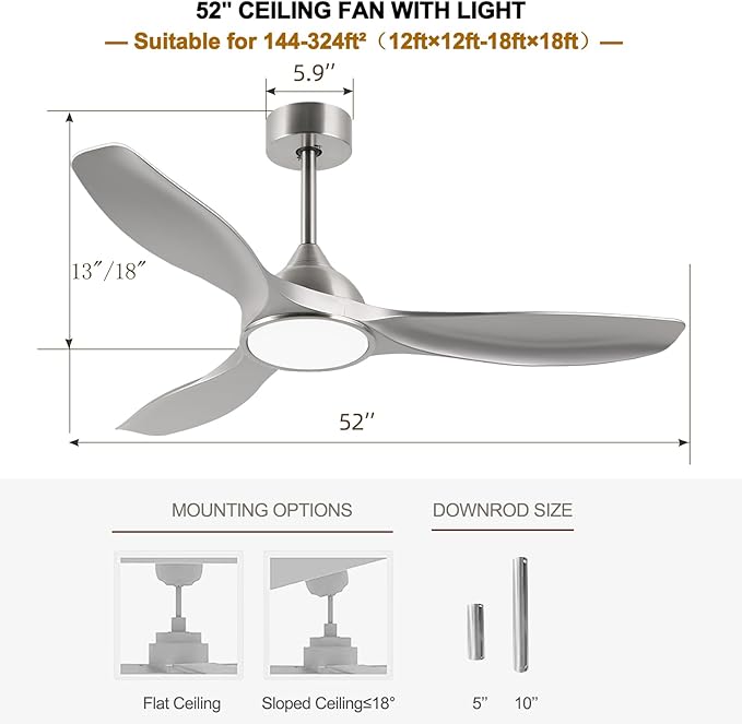 52 Inch Quiet DC Motor 6 Speed High CFM Modern Ceiling Fan with Lights Remote Control, 3 Blade Indoor Silver Ceiling Fan for Bedroom, Office, Living Room