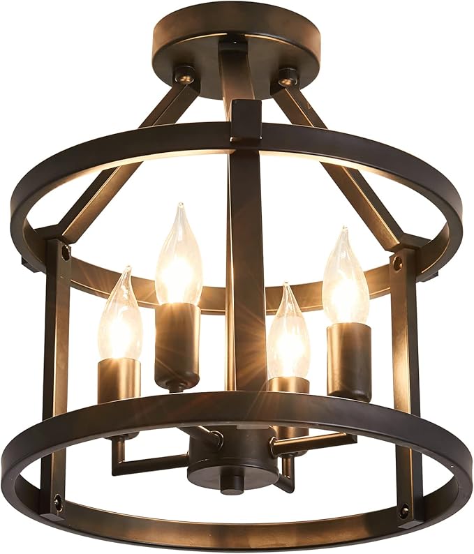 UOFUS Metal Semi Flush Mount Ceiling Light Fixture 4 Candle Holder Matte Chandelier Farmhouse Ceiling Lamp for Dining Room Bedroom Kitchen Hallway Entryway（Black） - Aura Lighting