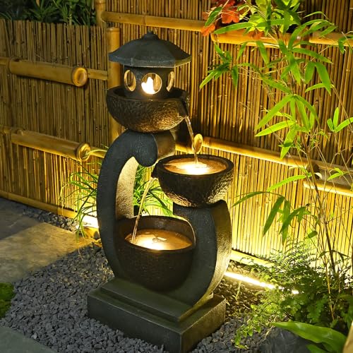 Outdoor Garden Water Fountain Modern Tranquil Zen Pagoda Waterfalls Fountains Bowl with LED Lights & Pump for Patio Yard Porch Pool Decor