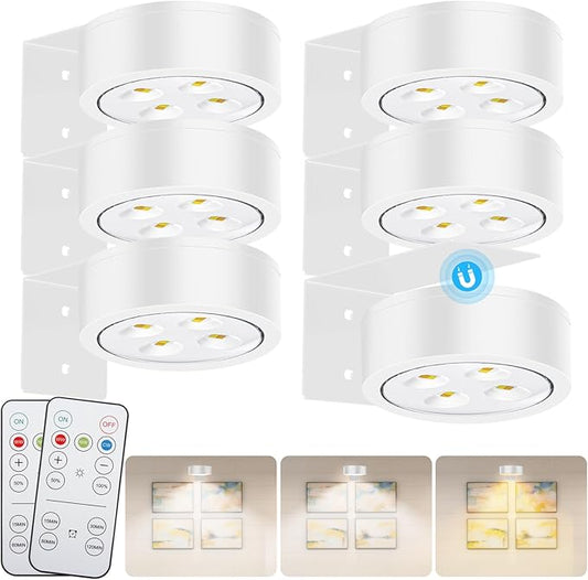 Wireless Battery Operated Painting Light with Remote Control,3 Lighting Modes Magnetic Led Art Display Light for Picture Frame, Dimmable and Timer, Wall Decor Display Light 6Pack White