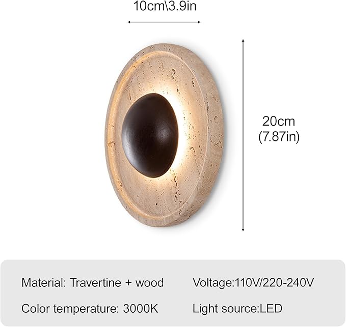 Japanese Style Wabi-Sabi Art Lighting Fixture, Yellow Travertine Wall Light with Wood Shade, Round Natural Stone LED Wall Lamp, Vintage Marble Wall Sconce for Bedroom Living Room(Walnut)