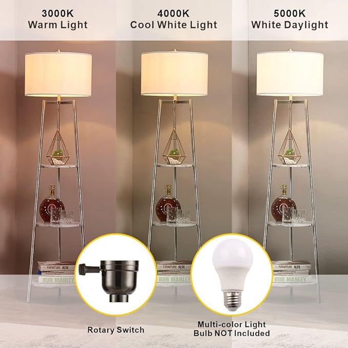 ROSEN GARDEN Floor Lamp, Standing Reading Light with Faux Marble Shelves and Fabric Shade, Modern Tall Pole Lamp, Accent Furniture Décor Lighting for Living Room, Bedrooms