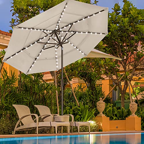 USA 10-Year-Non-Fading 9ft 3-Tier Market Patio Umbrella, Commercial Table Umbrella with 80 Solar LED Lights, Crank Open, Windproof & UPF 50+ UV Protection for Garden, Deck, Pool, Backyard, Antique Beige