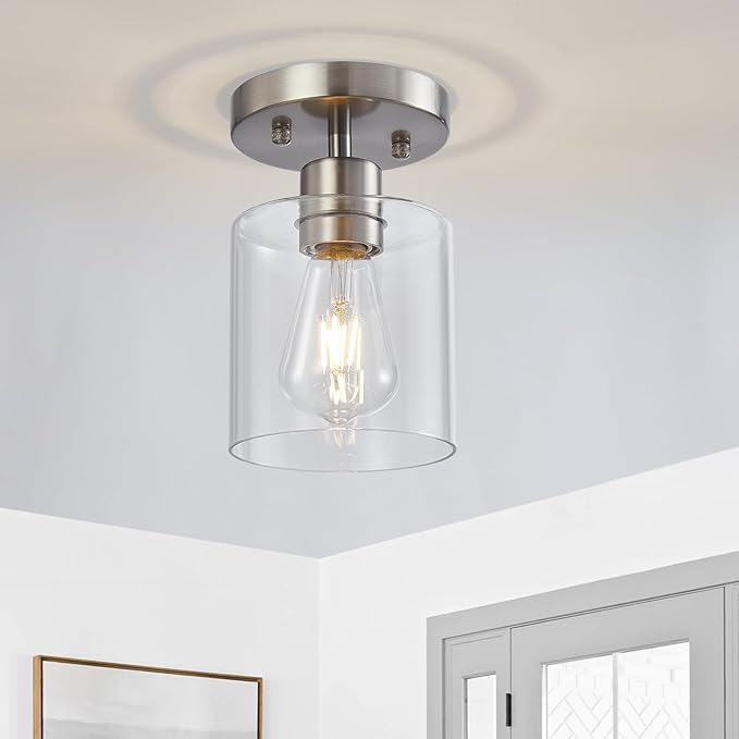 1 Light Semi Flush Mount Ceiling Light, Brushed Nickel Ceiling Light Fixtures, Modern Light Fixtures Ceiling Mount, Ceiling Lights with Glass Shade for Hallway Kitchen Foyer Porch Bedroom-1pack - Aura Lighting