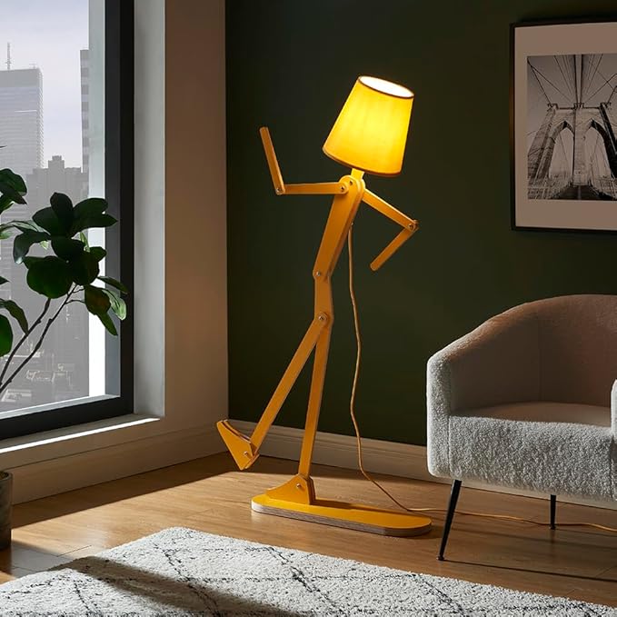 Cool Mini Wood Floor Lamp for Living Room Bedroom Bedside - Office Corner Decorative Reading Standing Light Creative Swing Arm Arc Design Gift for Kids Room - LED Bulb Included (Egg Yellow)