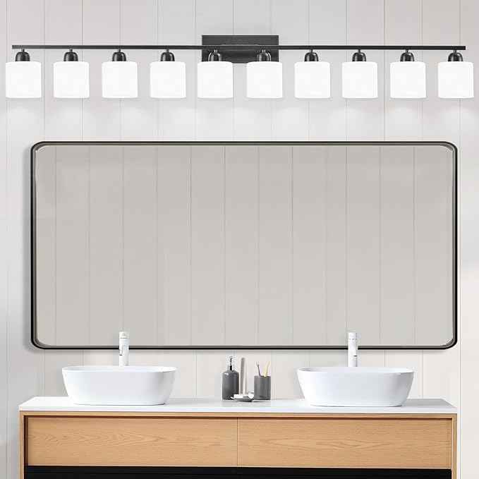 10 Light Black Vanity Lights for Giant Mirror, Bathroom Vanity Lights Over Mirror with Milky White Frosted Glass Shades,65 inch Bathroom Light Fixture for Mirrors, E26