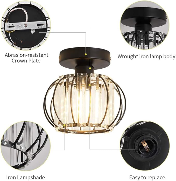 YYJLX Semi Flush Mount Ceiling Light Fixture Antique Small Crystal Chandelier Indoor Lighting for Bathroom Hallway Cafe Bar Porch Hall（Black）