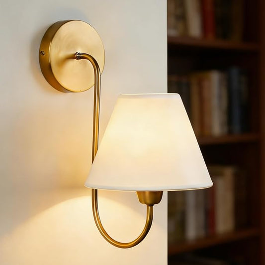 Vintage Single Swoop Wall Sconce with White Linen Shade, Antique Brass Gooseneck Arm Wall Sconce, Elegant Light Fixture for Bedroom, Living Room, Beside The Mirror (7.5 Inch Shade)