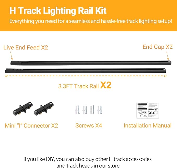 VANoopee H Track Lighting Rails Kit, 6.6FT H Type Rails Black with End Caps and Live End Feed Connector, Compatible with Single Circuit 120V H Style Track System, for LED Track Lighting Heads - Aura Lighting