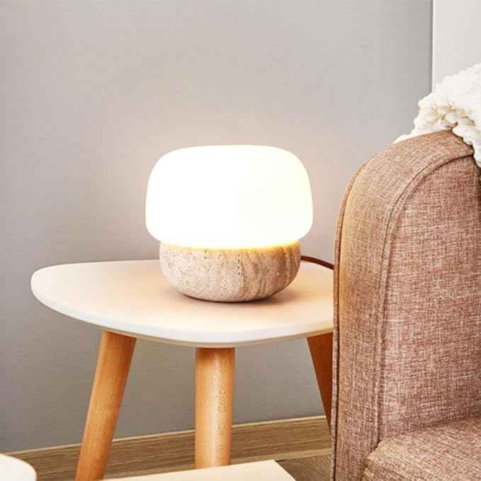 Japanese Wabi-Sabi Table Lamp, Mini Minimalist Desk Lamp with Natural Stone Base, Cute Bedside Light Home Décor Nightstand Lamp, Ideal for Bedroom Living Room Study Room