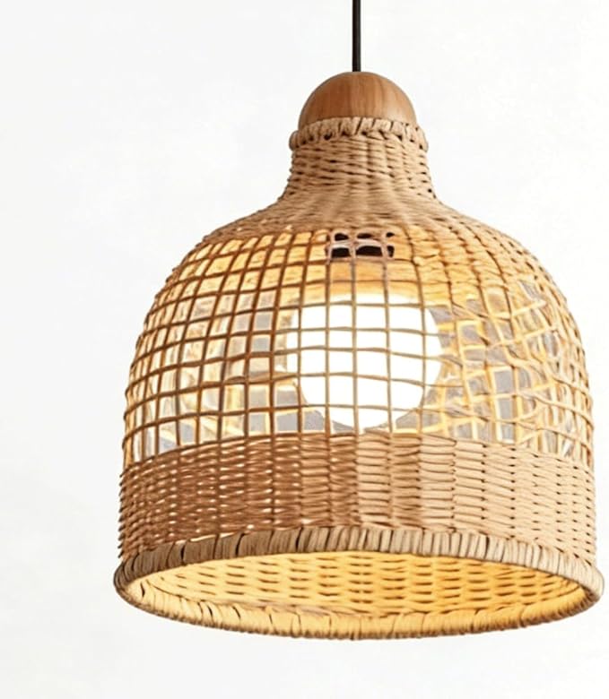 Rattan Wicker Pendant Light,Japanese Wabi-Sabi Vintage Bamboo Chandelier,Zen Natural Handwoven Hanging Lamp with Solid Wood Ceiling Plate,Living Room Fixture for Dining Room Bedside