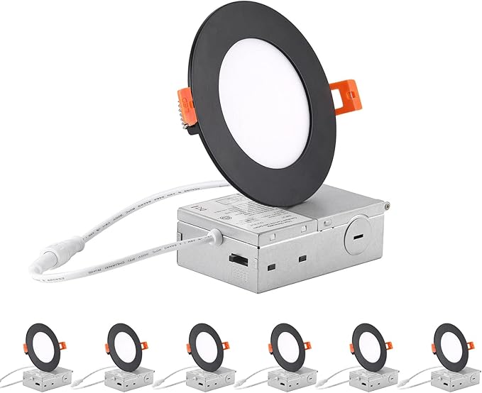 ZYC recessed Lighting 4 inch - 6Pack 9W 800LM High Brightness,5CCT 2700K/3000K/3500K/4000K/5000K Selectable,Ultra-Thin LED Recessed Ceiling Light,Dimmable Canless Wafer Downlight,Pack of 6 Black.