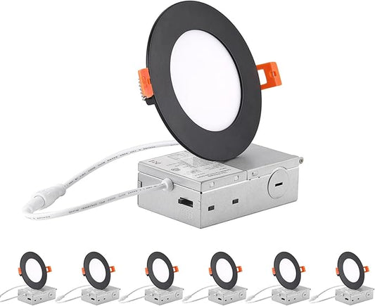 ZYC recessed Lighting 4 inch - 6Pack 9W 800LM High Brightness,5CCT 2700K/3000K/3500K/4000K/5000K Selectable,Ultra-Thin LED Recessed Ceiling Light,Dimmable Canless Wafer Downlight,Pack of 6 Black.