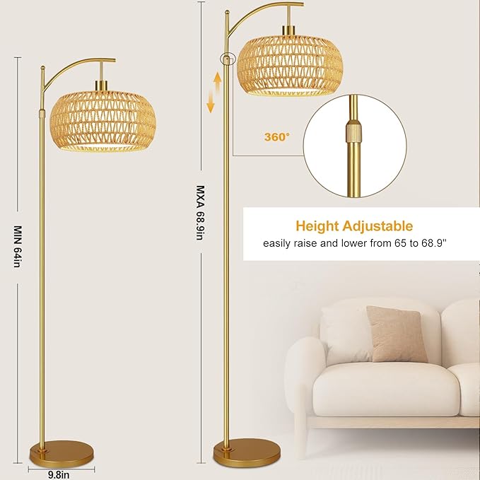 Gold Floor Lamps for Living Room Rattan Boho Floor Lamp with Remote Control & 3 Color Temperature,Dimmable Arc Floor Lamps Brass Standing Lamp Tall Floor Lamp for Bedroom Living Room Corner - Aura Lighting