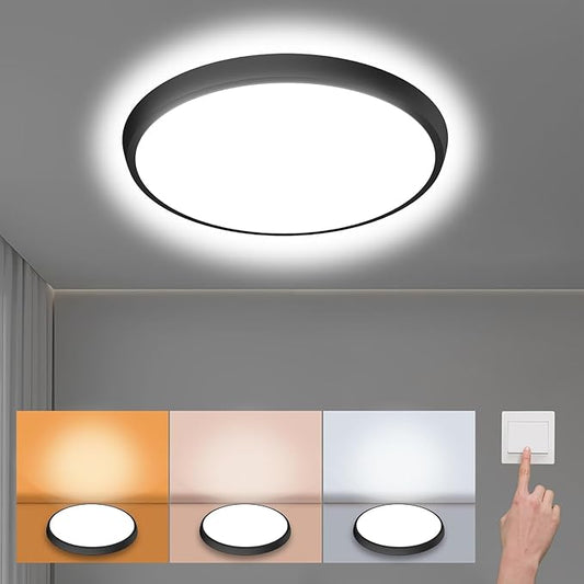 12 inch Flush Mount LED Ceiling Light Fixture, 3000K/4500K/6500K Selectable Ceiling Lights, Ultra Thin Round Black Ceiling Lamp for Living Room, Bedroom, Kitchen, Bathroom, Hallway, Non-dimmable - Aura Lighting