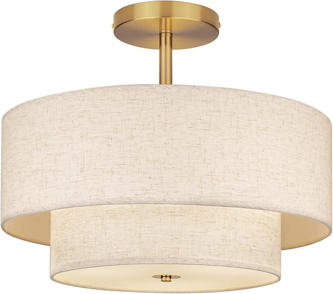 18 Inch Large Semi Flush Mount Ceiling Light Fixture with Dual Drum Design, Gold Farmhouse Fabric Linen Shade for Bedroom, Living Room, Kitchen, and Dining - Modern Chandelier Lamp - Aura Lighting
