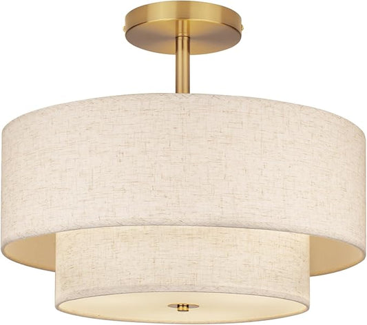 18 Inch Large Semi Flush Mount Ceiling Light Fixture with Dual Drum Design, Gold Farmhouse Fabric Linen Shade for Bedroom, Living Room, Kitchen, and Dining - Modern Chandelier Lamp - Aura Lighting