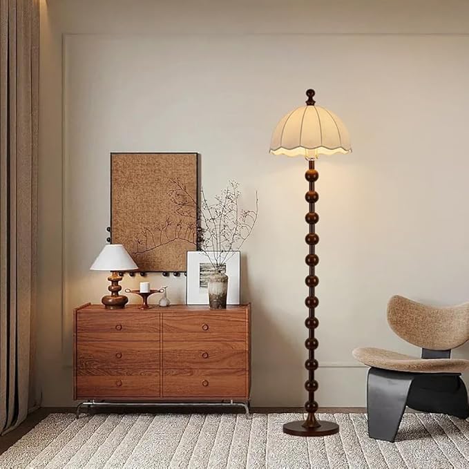 Wabi-sabi Wooden Floor Lamp 64.2" Linen Floor Light Walnut Globe Body Tall Lamp with E26 Dimmable Drum-Shaped Fabric Standing Light for Living Room Meeting Room Study Bedroom