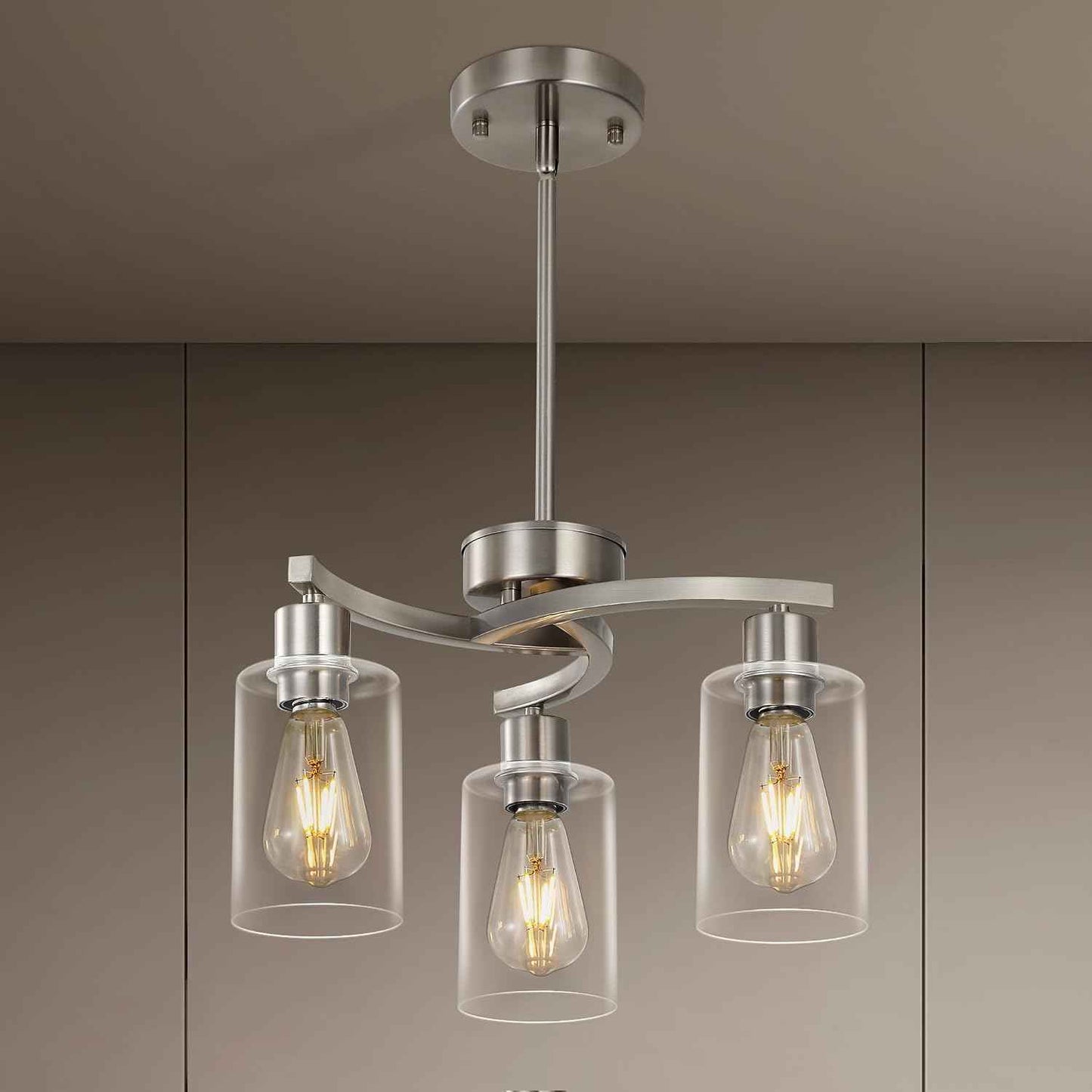 3 Light Brushed Nickel Dining Room Light Fixture,Modern Kitchen Chandeliers Over Table，Adjustable Height Industrial Hanging Pendant Lights for Kitchen Island with Glass Shade