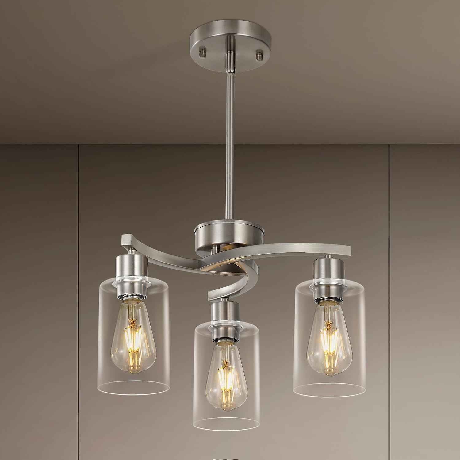 3 Light Brushed Nickel Dining Room Light Fixture,Modern Kitchen Chandeliers Over Table，Adjustable Height Industrial Hanging Pendant Lights for Kitchen Island with Glass Shade