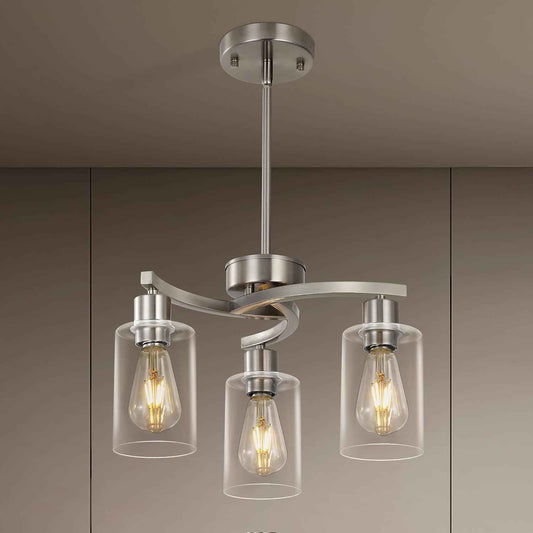 3 Light Brushed Nickel Dining Room Light Fixture,Modern Kitchen Chandeliers Over Table，Adjustable Height Industrial Hanging Pendant Lights for Kitchen Island with Glass Shade
