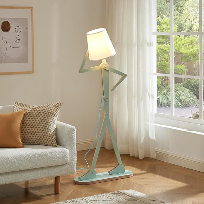 Unique Mini Wood Floor Lamp for Living Room Bedroom Office Farmhouse - Cute Corner Decorative Reading Standing Light Creative Swing Arm Arc Design Gift for Kids Room (Green Mini)