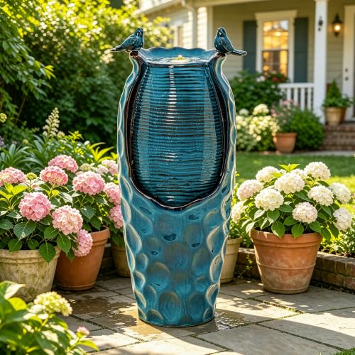Autodaya 33" Vase Ceramic Outdoor Water Fountain with Lights and Birds